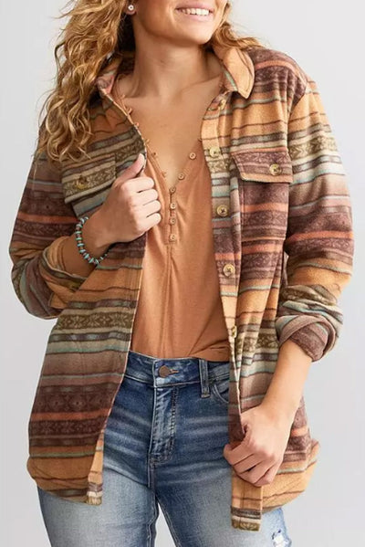 Brown Western Print Fleece Shacket-Outerwear-MomFashion