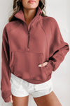 Brown Zip Up Stand Collar Ribbed Thumbhole Sleeve Sweatshirt-Tops-MomFashion