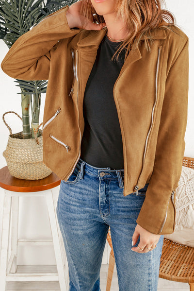 Brown Zipped Notch Collar Short Jacket-Outerwear-MomFashion