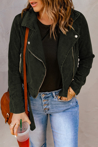 Buckle Belted Zip Up Corduroy Jacket-Outerwear-MomFashion