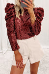 Burgundy Sequin Mock Neck Bubble Sleeve Top-Tops-MomFashion