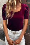 Burgundy Short Puff Sleeve Velvet Top-Tops-MomFashion