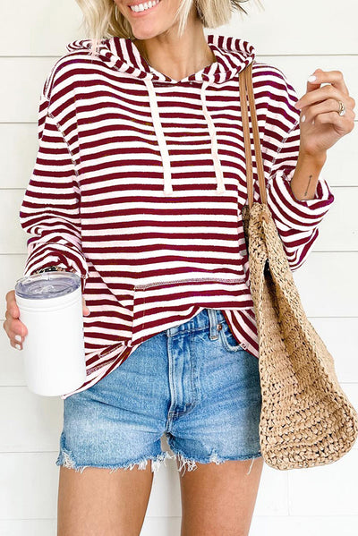 Burgundy Stripe Kangaroo Pocket Drawstring Hoodie-Tops-MomFashion