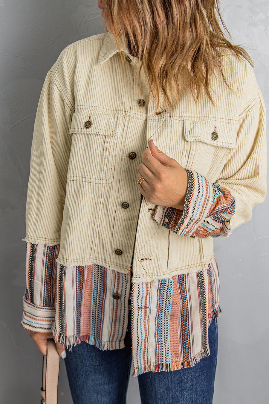 Button Up Pockets Striped Color Block Corduroy Jacket-Outerwear-MomFashion