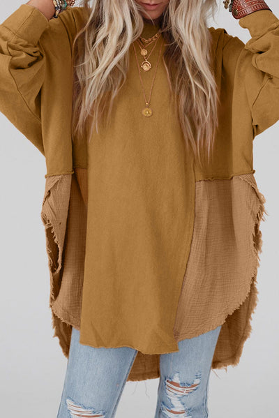 Camel Crinkle Splicing Raw Hem High Low Oversized Blouse-Tops-MomFashion