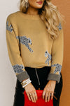 Camel Fuzzy Cheetah Accent Round Neck Sweater-Tops-MomFashion