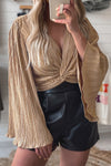 Camel Pleated Bell Sleeve Twist V Neck Cropped Blouse-Tops-MomFashion