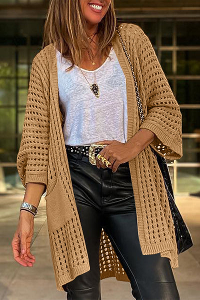 Camel Pointelle Knit Pocket Open Front Cardigan-Tops-MomFashion