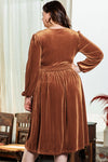 Camel Surplice V Neck Balloon Sleeve Velvet Dress-Plus Size-MomFashion