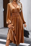 Camel Wrap V Neck Smocked High Waist Velvet Midi Dress-Dresses-MomFashion