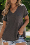 Carbon Grey Twist Short Sleeve Corded V Neck Top-Tops-MomFashion