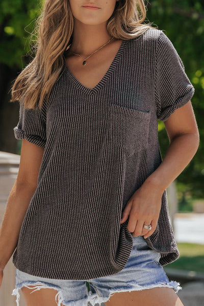 Carbon Grey Twist Short Sleeve Corded V Neck Top-Tops-MomFashion