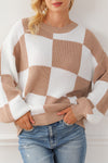 Checkered Ribbed Knit Puff Sleeve Sweater-Tops-MomFashion