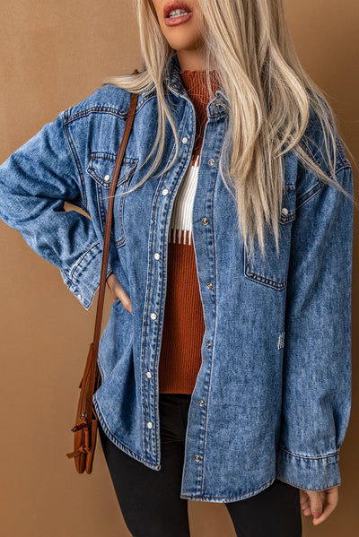 Chest Pockets Long Sleeve Denim Shirt Jacket-Outerwear-MomFashion