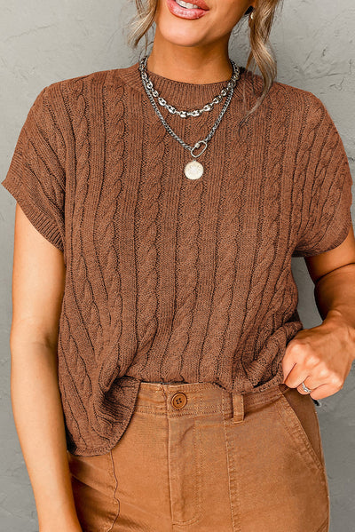 Chestnut Crew Neck Cable Knit Short Sleeve Sweater-Tops-MomFashion