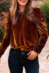 Chestnut Frilled Collar Puff Sleeve Velvet Top-Tops-MomFashion