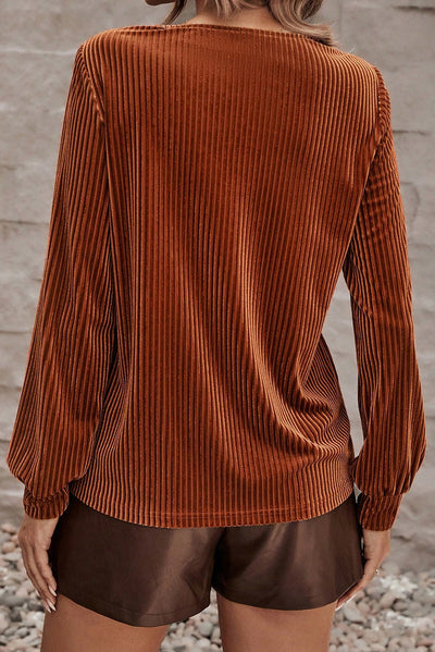 Chestnut Half Zip V Neck Ribbed Velvet Top-Tops-MomFashion