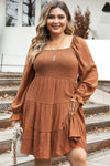 Chestnut Plus Size Smocked Ruffled Sleeve Tiered Mini Dress-Plus Size-MomFashion