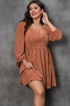 Chestnut Plus Size Suede Square Neck Balloon Sleeve Dress-Plus Size-MomFashion