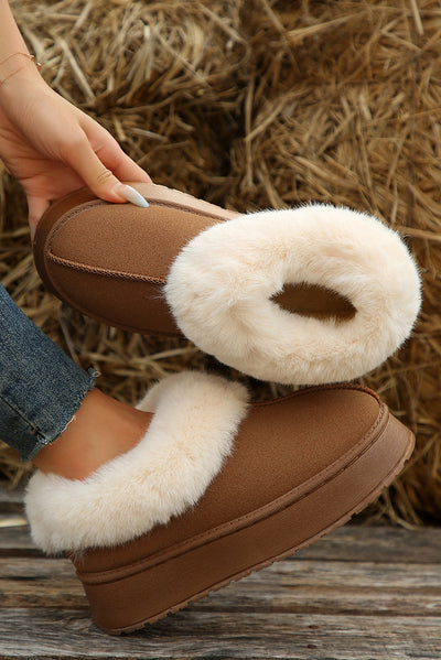 Chestnut Plush Suede Trim Thick Sole Flat Snow Boots-Shoes & Bags-MomFashion