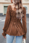 Chestnut Smocked Ribbed Velvet Babydoll Top-Tops-MomFashion