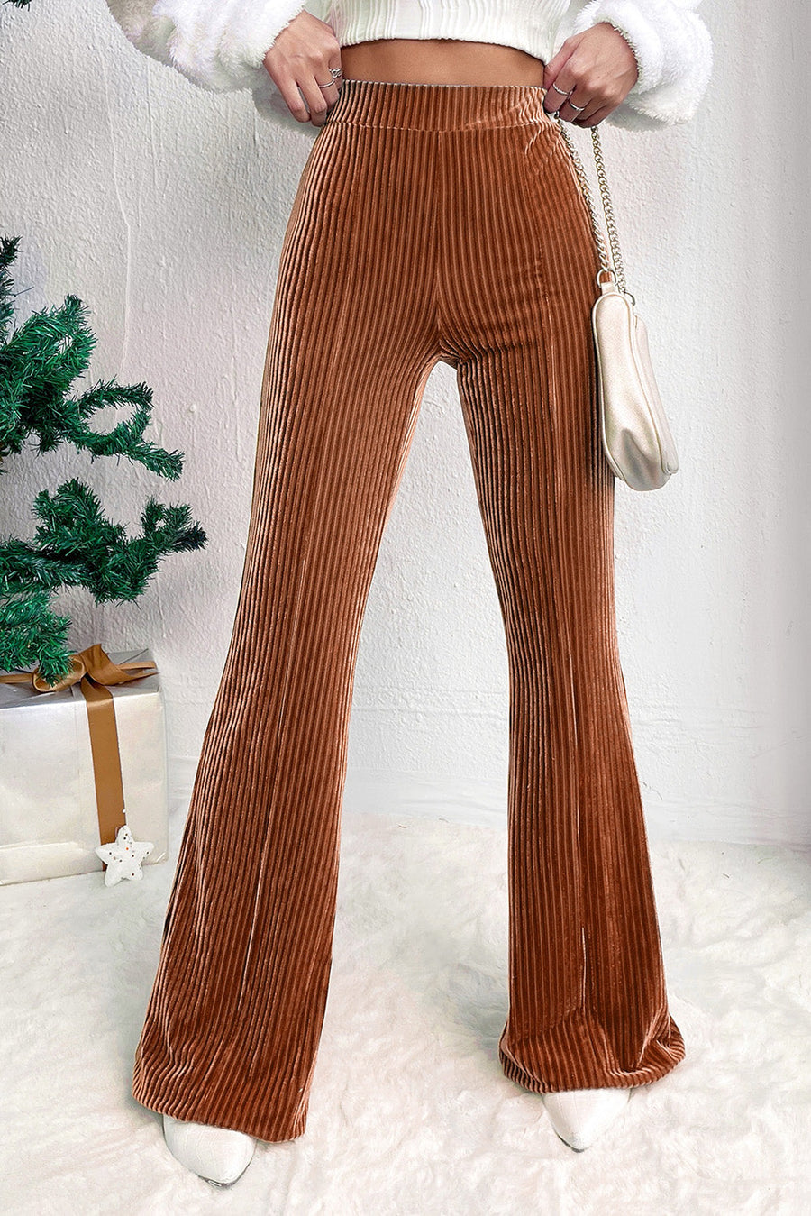 Chestnut Solid Color High Waist Flare Corduroy Pants-Bottoms-MomFashion