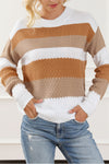 Chestnut Striped Cable Knit Drop Shoulder Sweater-Tops-MomFashion