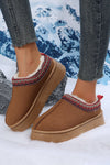 Chestnut Suede Contrast Print Round Toe Plush Lined Flats-Shoes & Bags-MomFashion