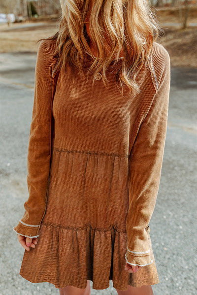 Chestnut Textured Tiered Ruffled Long Sleeve Mini Dress-Dresses-MomFashion