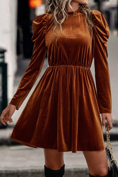 Chestnut Velvet Frilled Neck Gigot Sleeve Swing Dress-Dresses-MomFashion