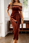 Chestnut Velvet Off Shoulder Pleated Wrap Evening Dress-Dresses-MomFashion