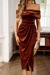 Chestnut Velvet Off Shoulder Pleated Wrap Evening Dress-Dresses-MomFashion