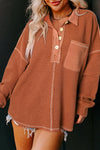 Chestnut Waffle Exposed Seam Pocket Henley Sweatshirt-Tops-MomFashion