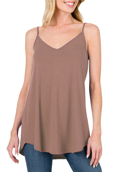 Clay Spaghetti Strap V-Neck Flowy Tunic Tank Top-Tops-MomFashion