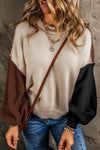 Coffee Colorblock Bishop Sleeve Ribbed Trim Sweater-Tops-MomFashion