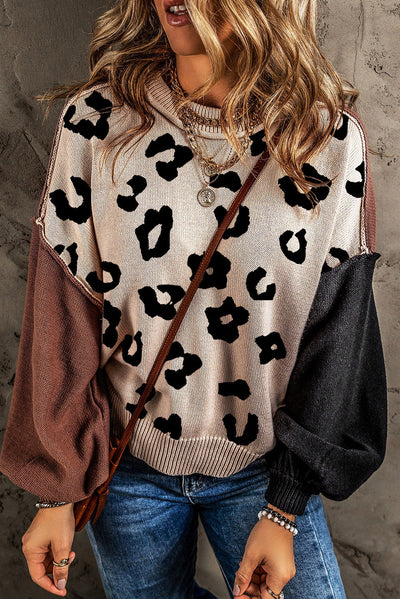 Coffee Leopard Print Colorblock Pullover Sweater-Tops-MomFashion