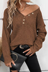 Coffee Pointelle Knit Button V Neck Drop Shoulder Sweater-Tops-MomFashion