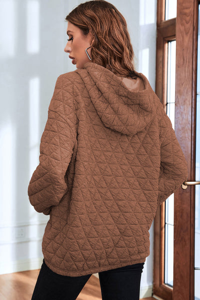 Coffee Solid Color Quilted Kangaroo Pocket Hoodie-Tops-MomFashion