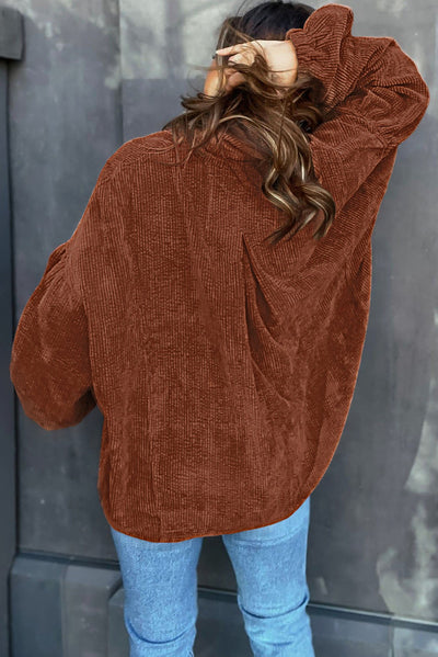 Coffee Textured Corduroy Puff Sleeve Shacket-Outerwear-MomFashion