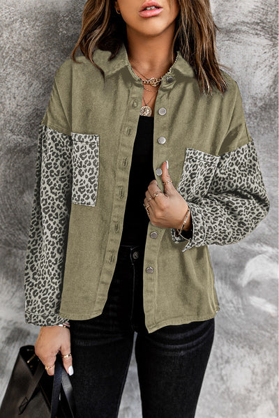 Contrast Leopard Denim Jacket-Outerwear-MomFashion