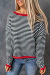 Contrast Trimmed Striped Drop Shoulder Sweater-Tops-MomFashion