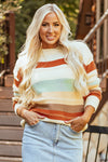 Crew Neck Drop-shoulder Striped Color Block Sweater-Tops-MomFashion