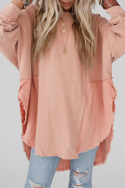 Crinkle Splicing Raw Hem High Low Oversized Blouse-Tops-MomFashion