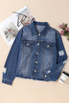 Dark Blue Plus Size Distressed Flap Pocket Denim Jacket-Plus Size-MomFashion