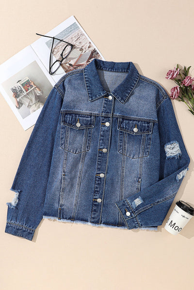 Dark Blue Plus Size Distressed Flap Pocket Denim Jacket-Plus Size-MomFashion