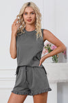 Dark Gray Crew Neck Tank and Drawstring Ruffled Shorts Lounge Set-Loungewear-MomFashion