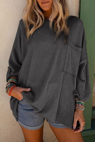 Dark Gray Ribbed Roll-tab Sleeve Chest Pocket Oversize Top-Tops-MomFashion