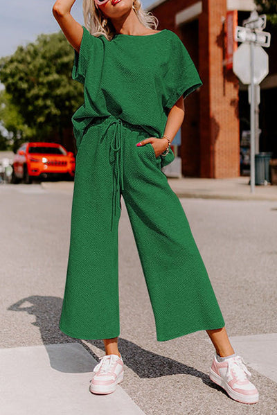 Dark Green Textured Loose Fit T Shirt and Drawstring Pants Set-Loungewear-MomFashion