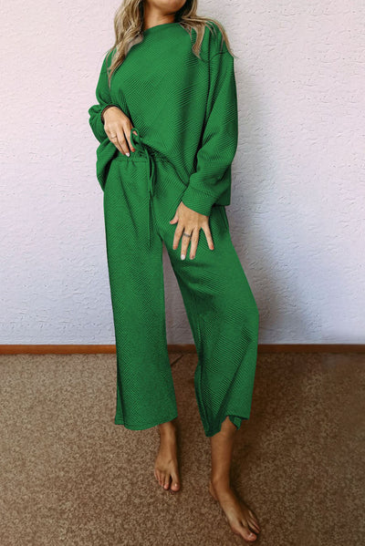 Dark Green Ultra Loose Textured 2pcs Slouchy Outfit-Loungewear-MomFashion