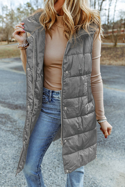 Dark Grey Hooded Long Quilted Vest Coat-Outerwear-MomFashion